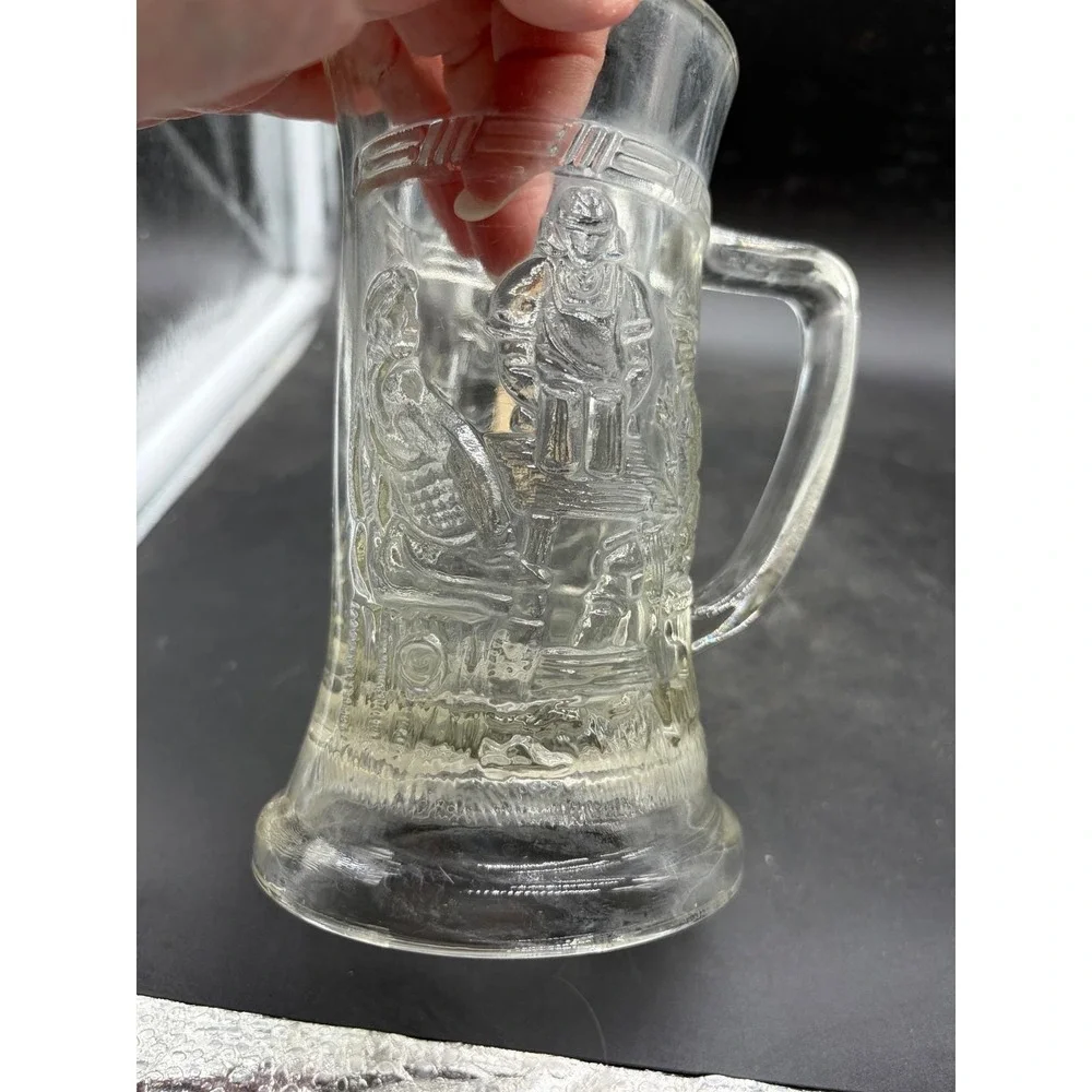 Vntg‎ Pressed Glass Beer Stein Tavern Scene Embossed Clear Glass Mug Collectible